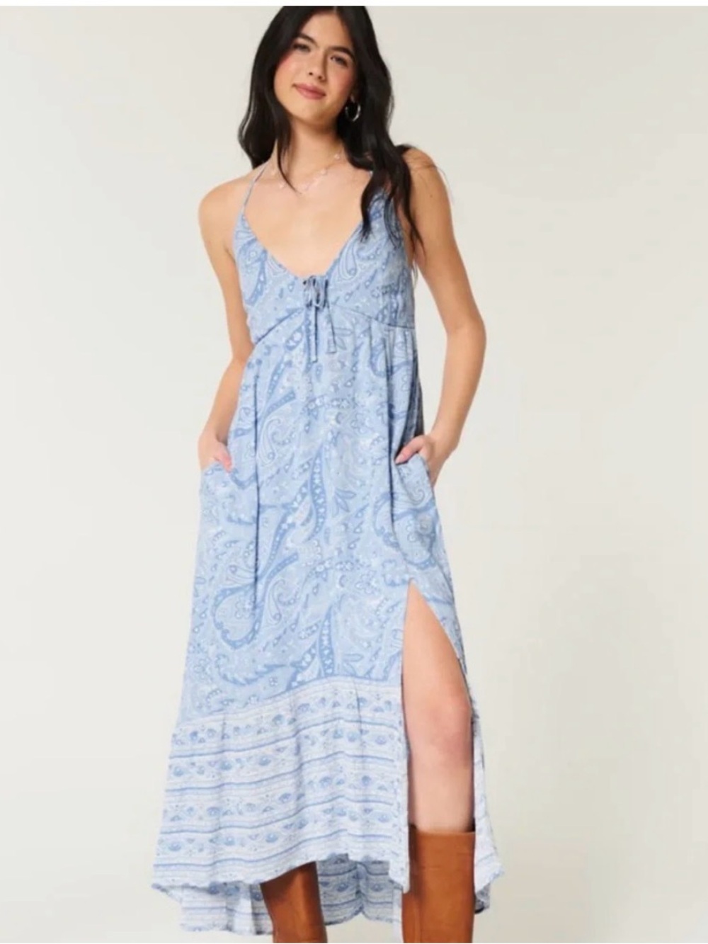 Hollister Light Blue Paisley Halter Maxi Dress LIKE NEW! built in cups